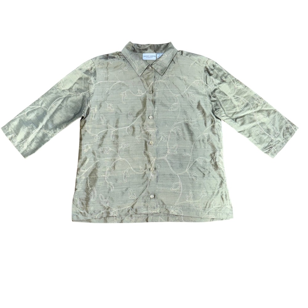 Y2K Jaclyn Smith Silk Embroidered Blouse Sage Green Iridescent Medium Button up